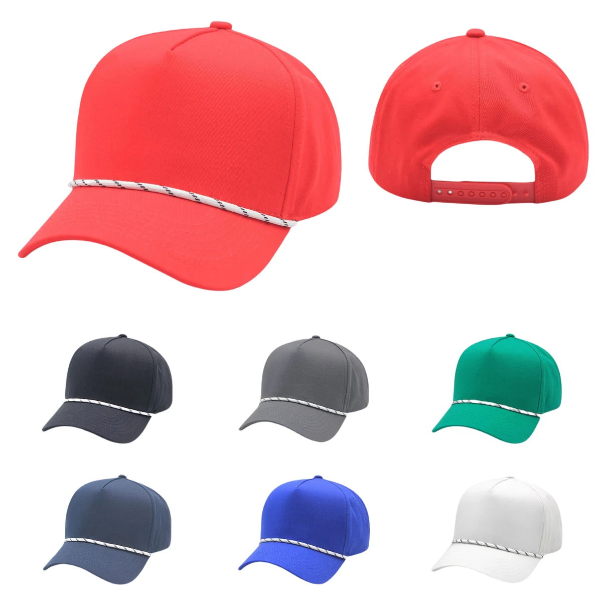 5 Panel High Profile Curved Visor Baseball Cap w/Rope 1
