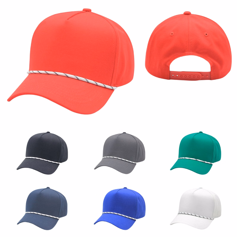 5 Panel High Profile Curved Visor Baseball Cap w/Rope