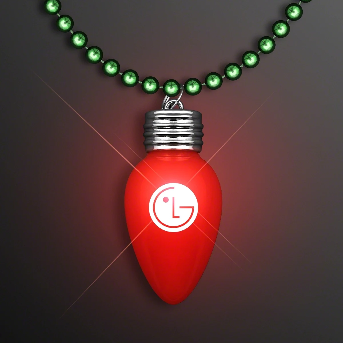 Blinking Red Bulb Christmas Charm on Green Beads 1