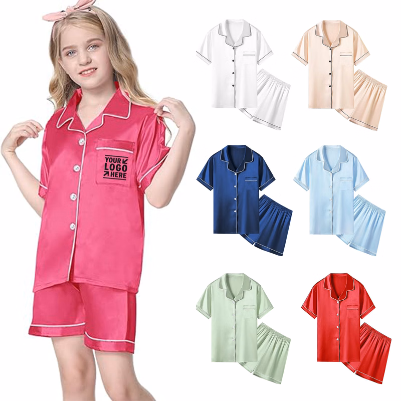 2 Piece Women Girls Satin Pajamas Set Soft Silk Button Down Sleepwear 