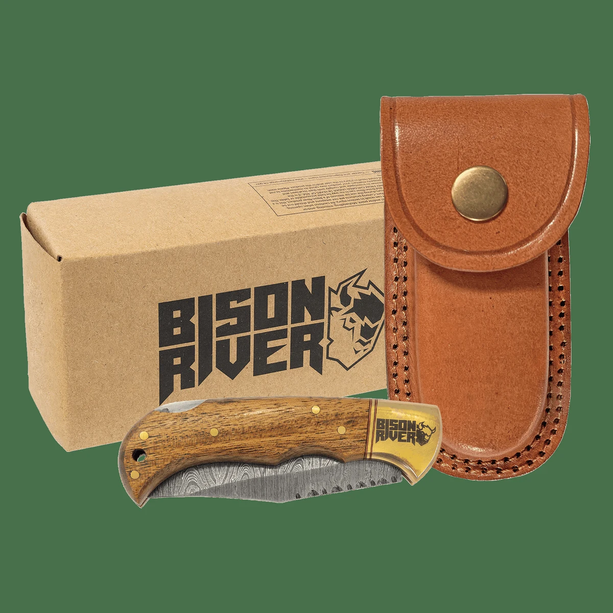 Bison River 3 3/4" Woodgrain Wood Folding Knife with Damascus Steel Blade and Leather Sheath 1