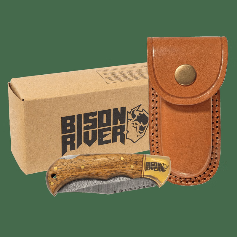 Bison River 3 3/4" Woodgrain Wood Folding Knife with Damascus Steel Blade and Leather Sheath
