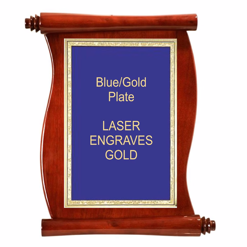 10-1/2" x 14" Rosewood Piano Finish Scroll Plaque with a Blue Florentine Plate