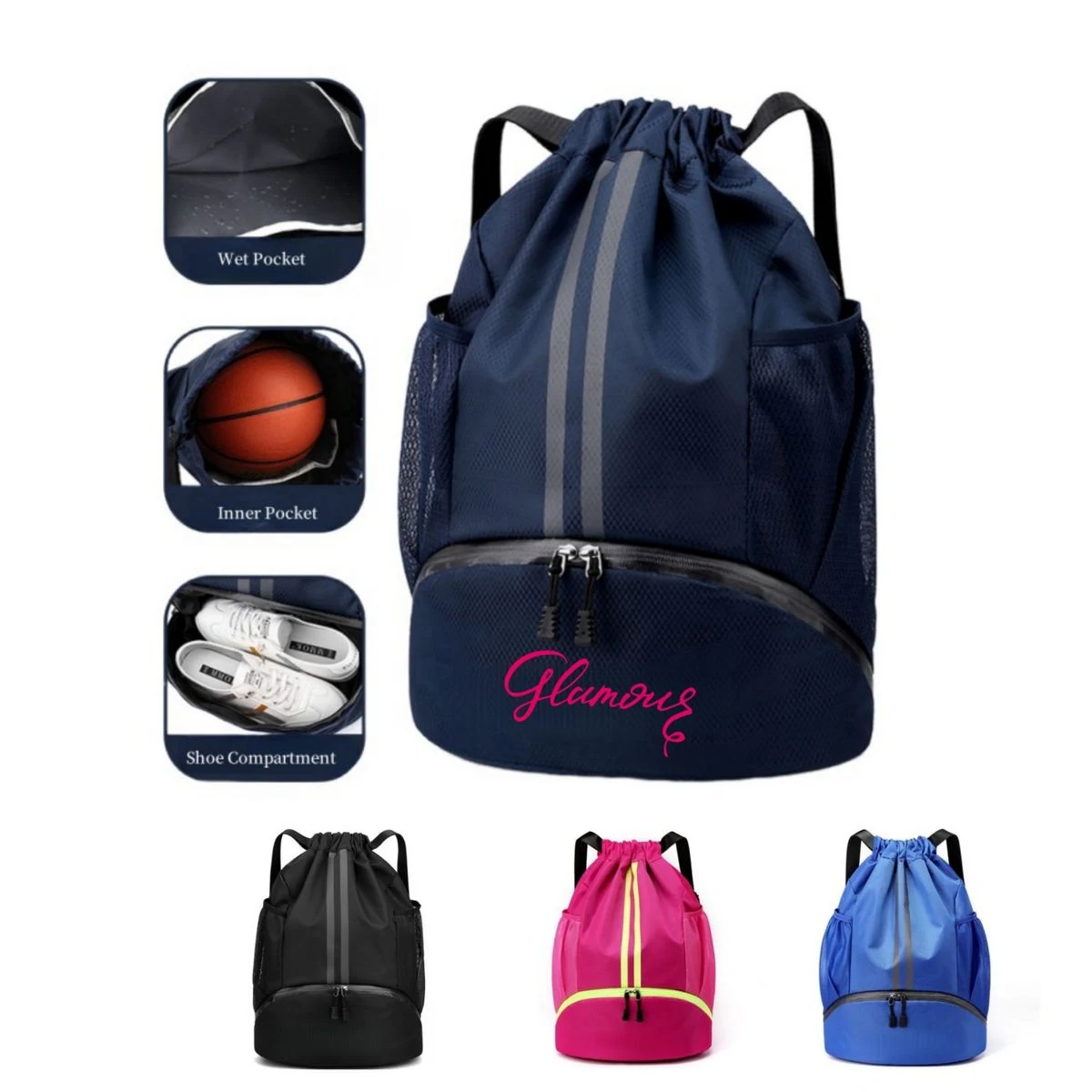 Sports Drawstring Backpack with Side Mesh Pockets and Shoes Compartment 1