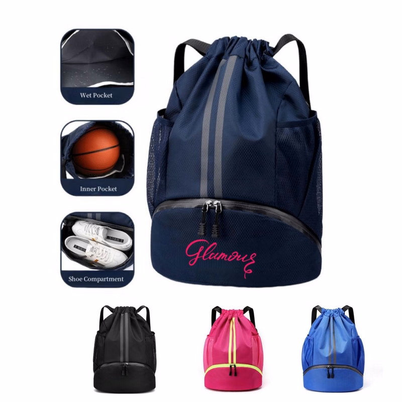 Sports Drawstring Backpack with Side Mesh Pockets and Shoes Compartment