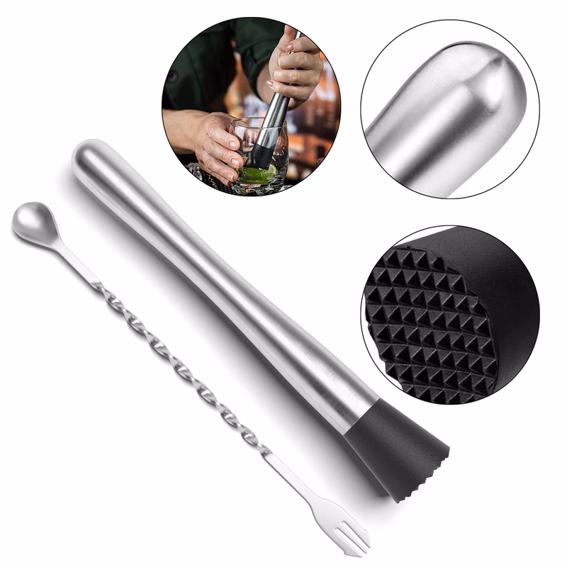 10" Stainless Steel Cocktail Muddler and Mixing Spoon