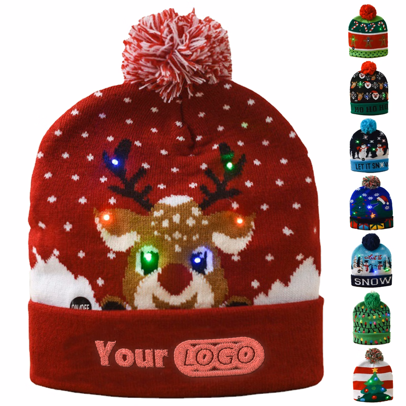 Acrylic Knitted Luminous Christmas Hat With Ball