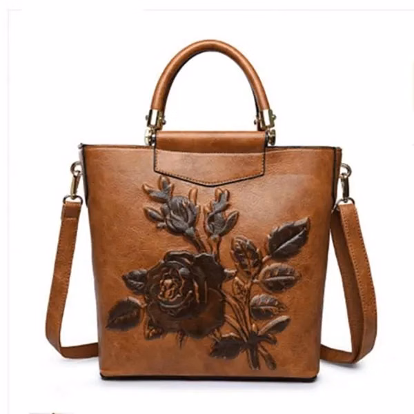 Embossed Floral Leather Handbag