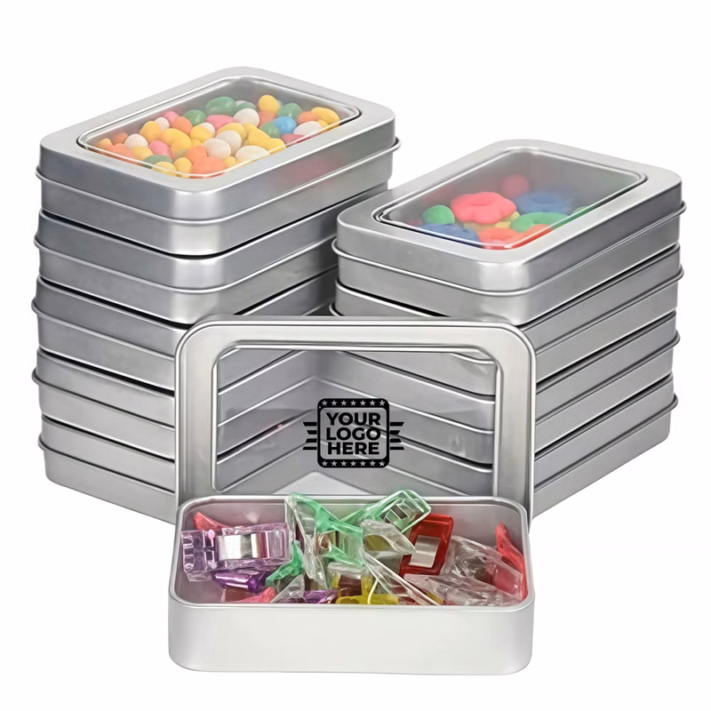 Silver Metal Tin Storage Box With Window Lid
