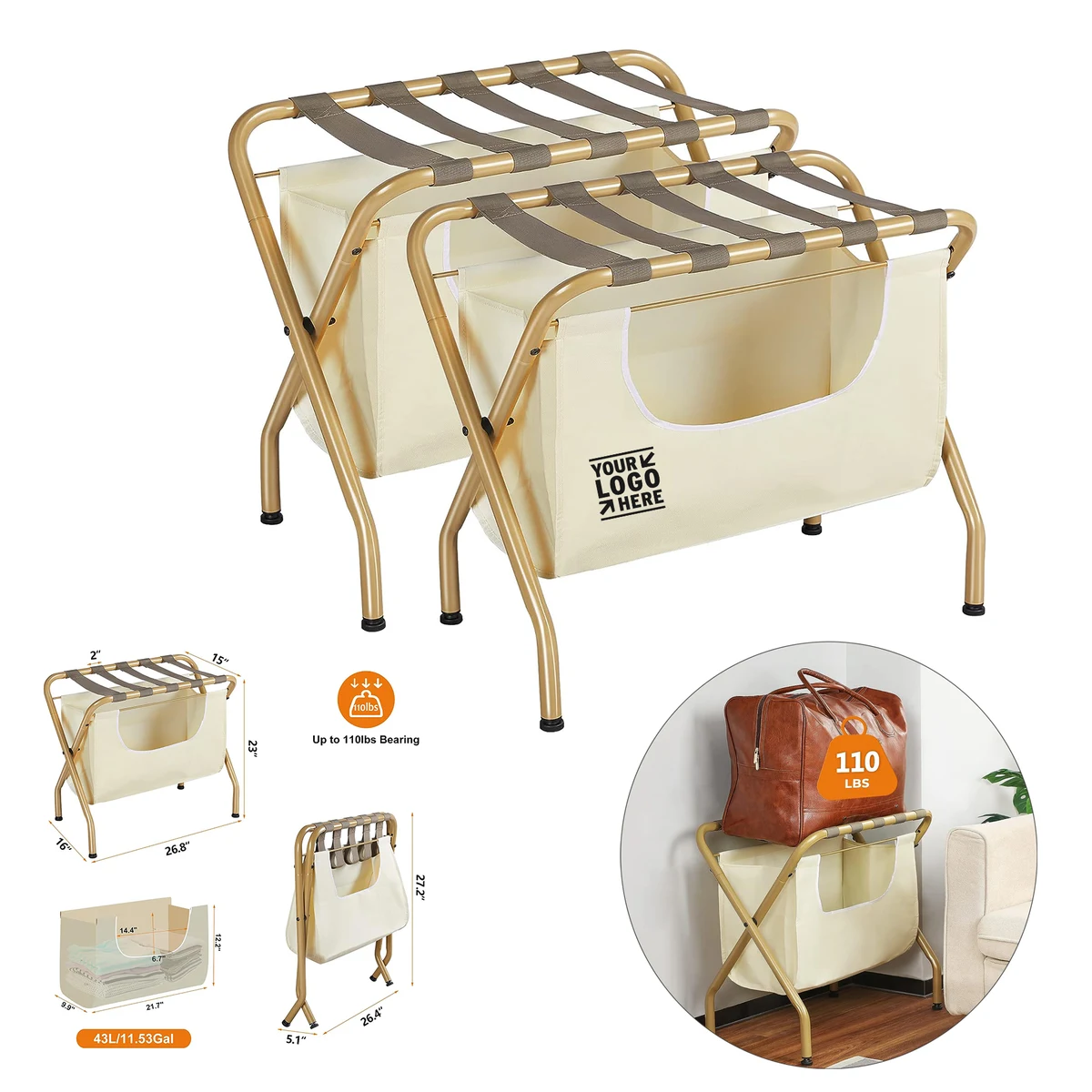Hotel Guest Room Folding Space Saving Max 110LBS Suitcase Holder Shelf Luggage Rack with Laundry Bag 1