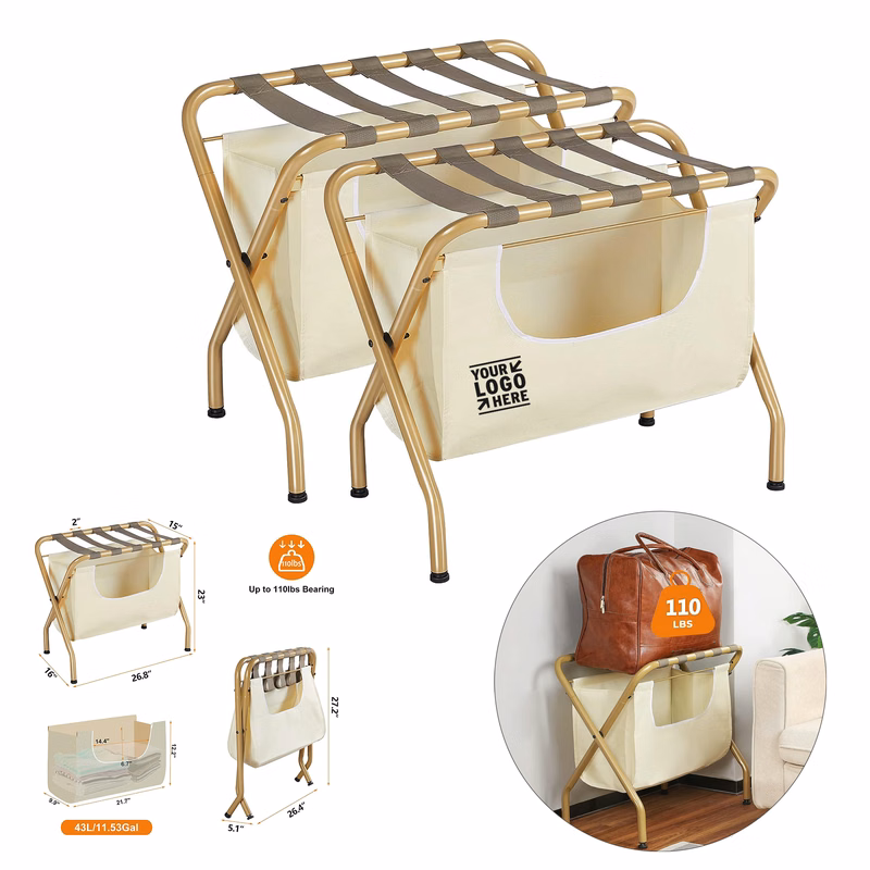 Hotel Guest Room Folding Space Saving Max 110LBS Suitcase Holder Shelf Luggage Rack with Laundry Bag