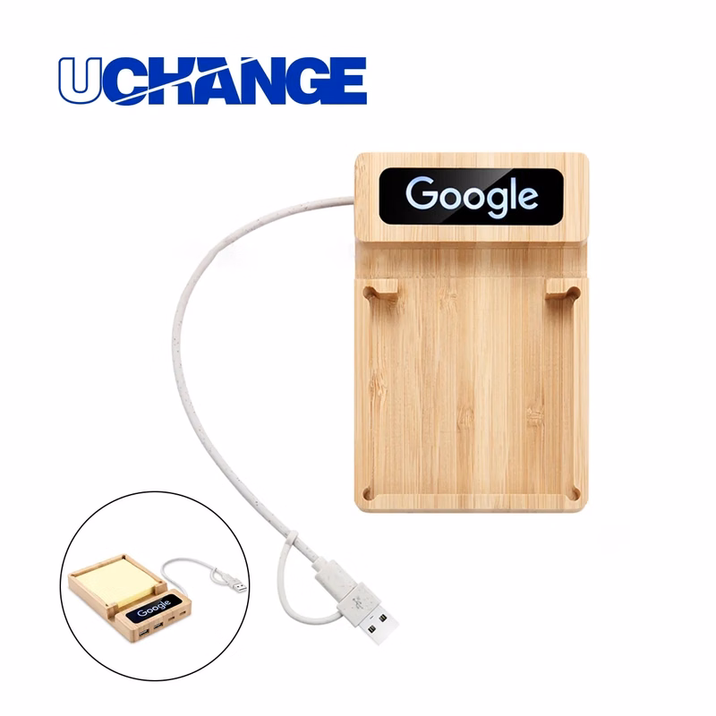 Bamboo USB Hub Desk Organizer With Memo Pad Holder