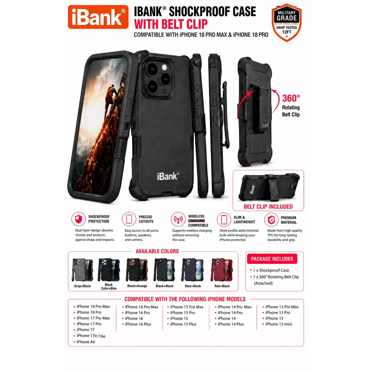 iBank ® Shockproof Case compatible with iPhone 17/16/15/14 Pro Max Air + Belt Clip 1