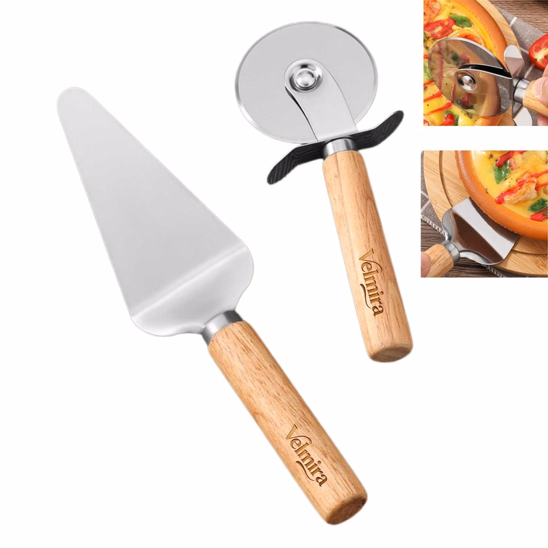 Wood Handle Stainless Steel Pizza Cutter and Pizza Server Set