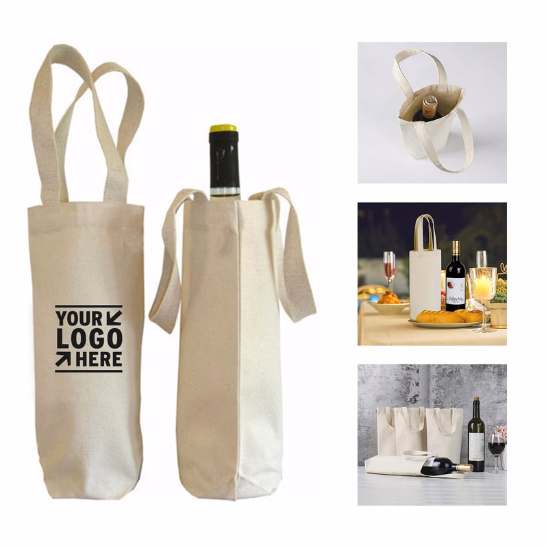 10.5 x 7 x 2 Inches Reusable Cotton Canvas Carrier Wine Bag Drawstring Label