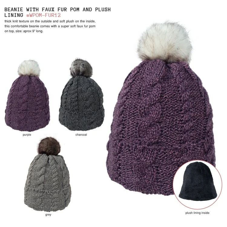 Beanie w/Faux Fur Pom & Plush Lining 1