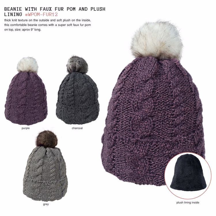 Beanie w/Faux Fur Pom & Plush Lining