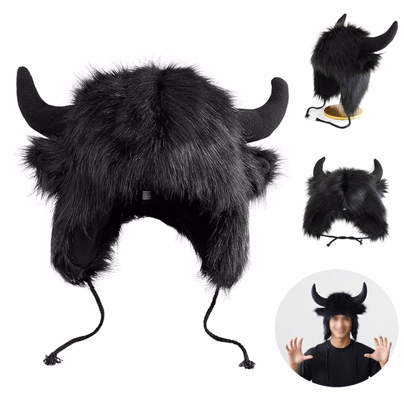 Halloween Ox Horn Plush Hat Cosplay Winter Windproof Ear Protection Warm Faux Fur Bull Horn Hats