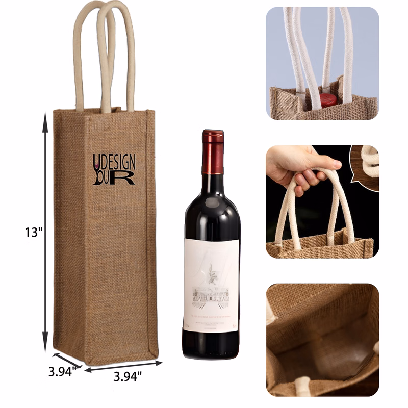 MOQ 50 PCS Sturdy Single Bottle Jute Wine Tote Bag