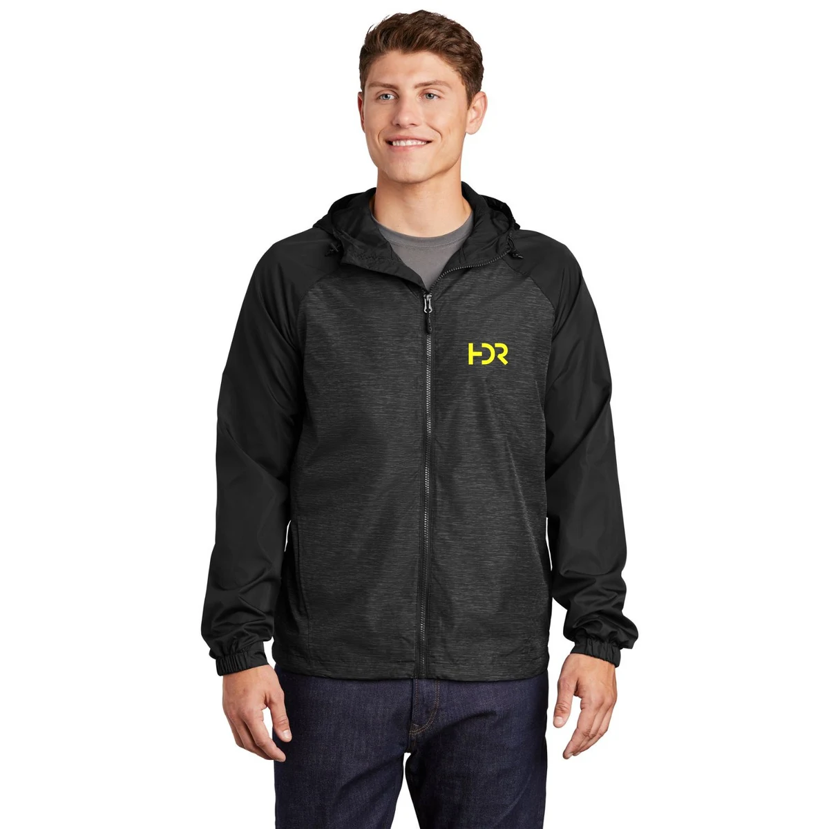 Sport-Tek® Heather Hooded Wind Jacket with Colorblock Raglan Design 1