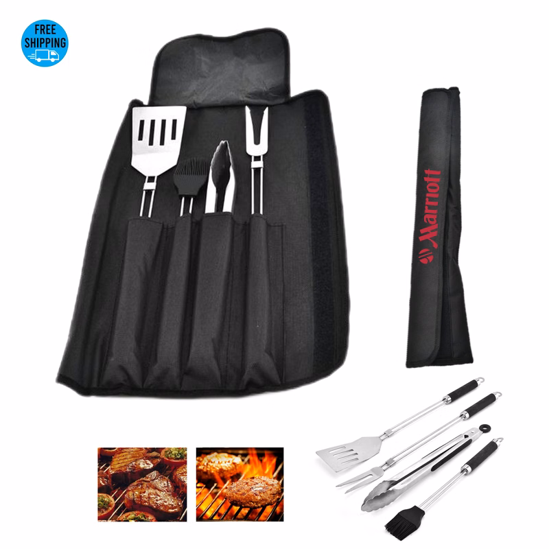 4-Piece Long Handle BBQ Tool Set with Wrap Bag