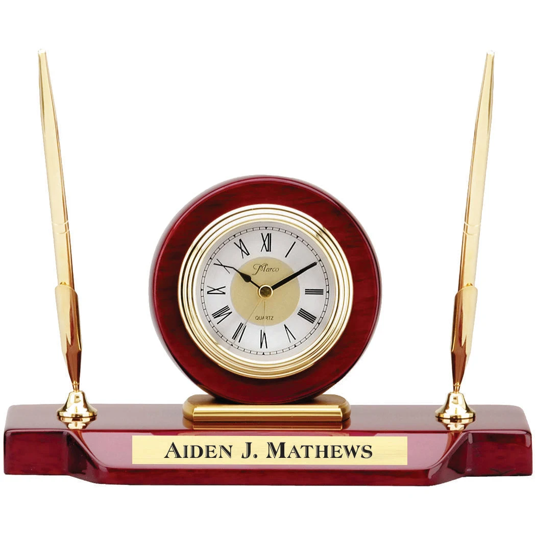 Piano Finish Rosewood Desk Set, Clock With 2 Pens 5" X 9" 1