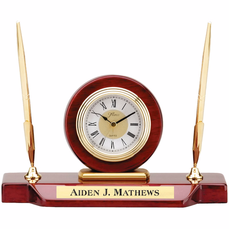 Piano Finish Rosewood Desk Set, Clock With 2 Pens 5" X 9"