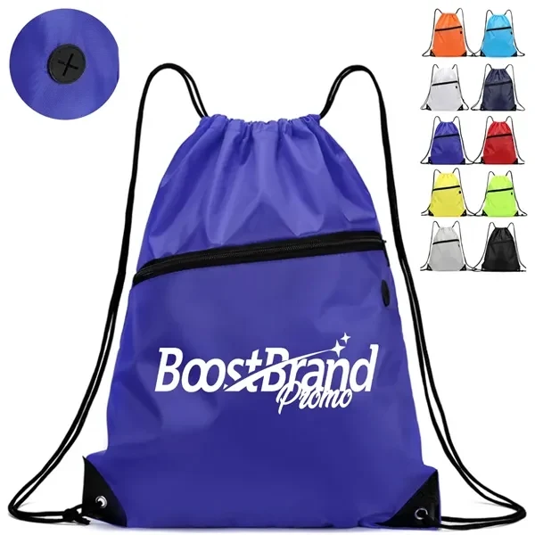 Custom Drawstring Bag with Front Zipper Pocket — Everyday Carry Lightweight Backpack 1