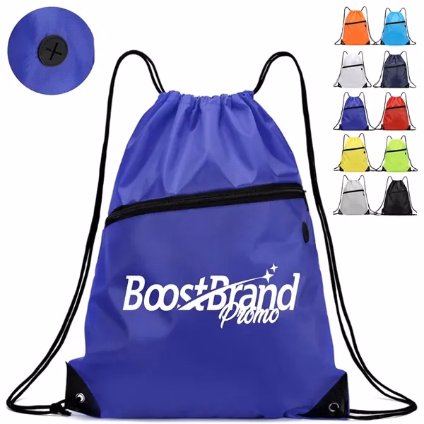 Custom Drawstring Bag with Front Zipper Pocket — Everyday Carry Lightweight Backpack