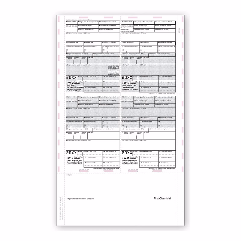 W-2 Tax Forms, 14" 4-Up Laser, Pressure Seal - 500 Sheets/Pk