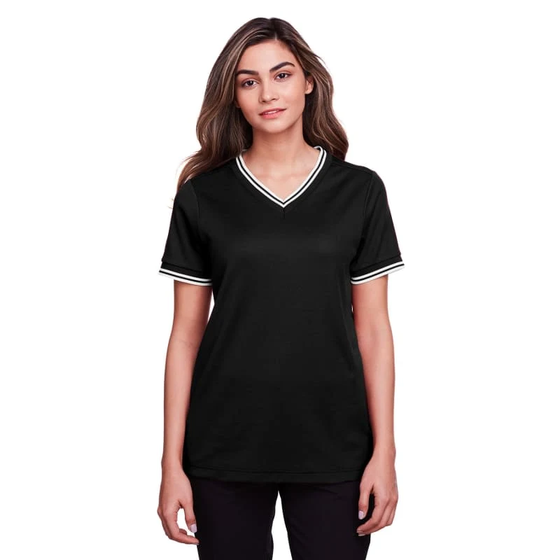 Devon & Jones Ladies' CrownLux Performance™ Plaited Tipped V-Neck Polo 1