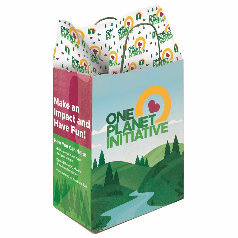 10.25" Natural Brown/Green Handle Shopper with Tissue Paper Bundle