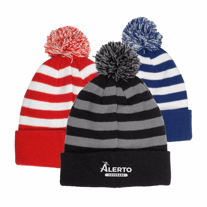 Beanie - Acrylic Rib Knit embroidered beanies w/ Pom pom