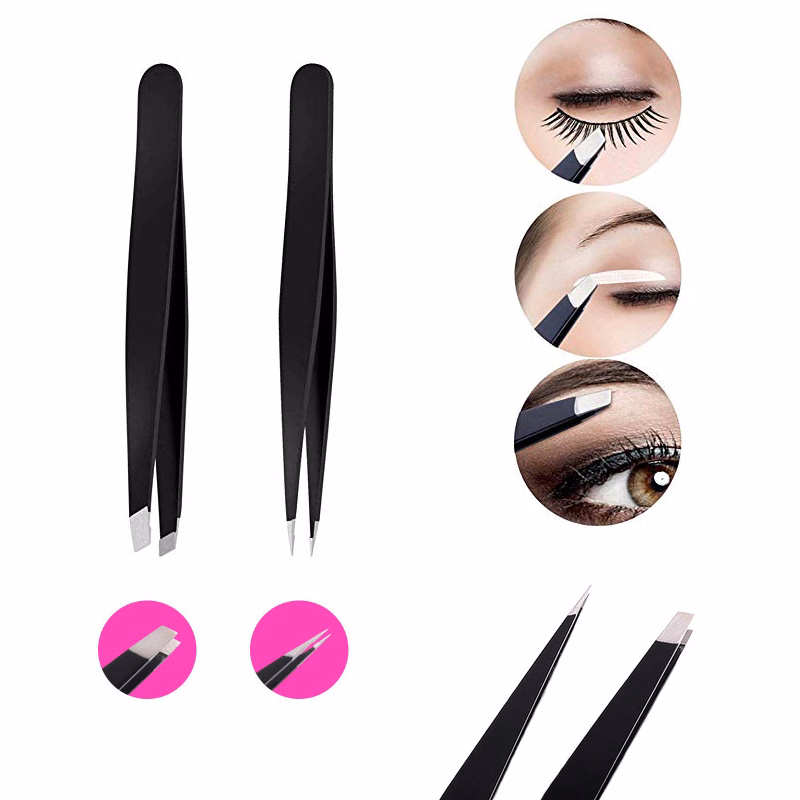 Stainless Steel Slant Tip & Pointed Eyebrow Tweezer Set