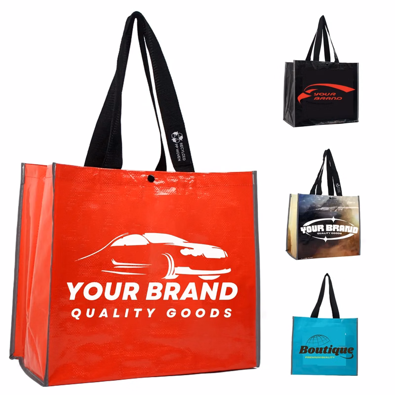 Film covered woven durable custom logo film Grocery tote bag
