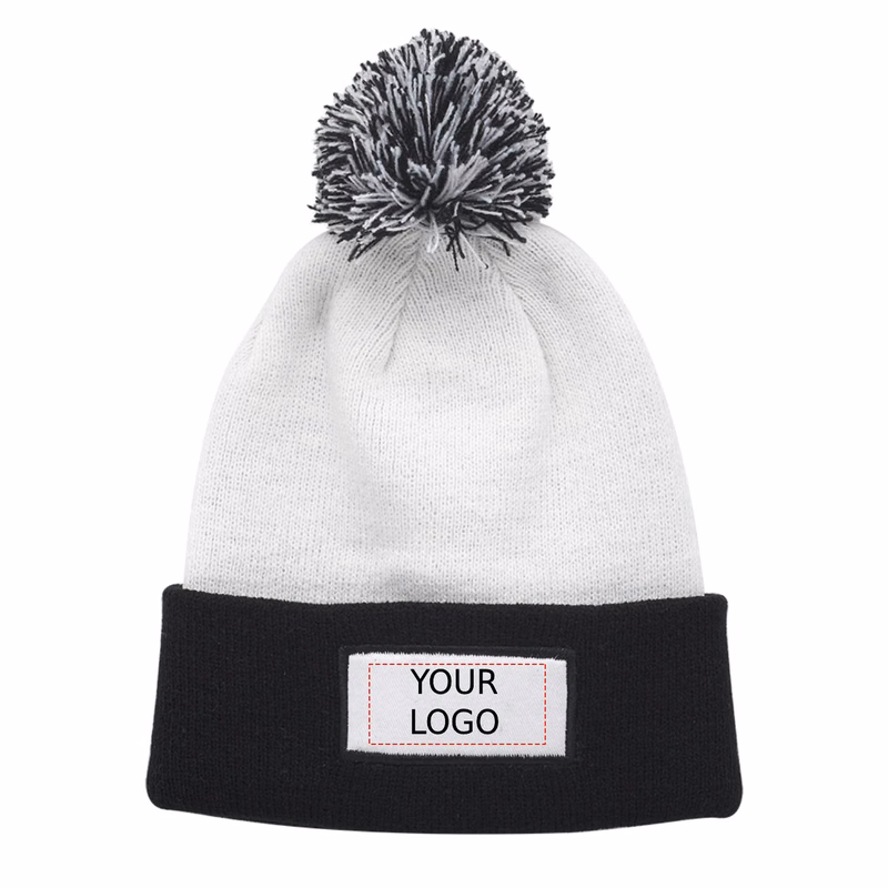 Dual Tone Patch Pompom Beanie