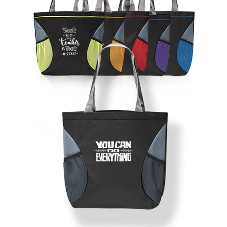 Shoulder Tote Bag with Mesh Pocket, custom tote bag with logo imprint 1
