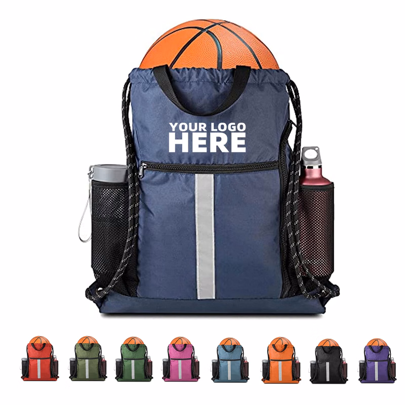 Drawstring Reflective Ball Backpack With Bottle Holder