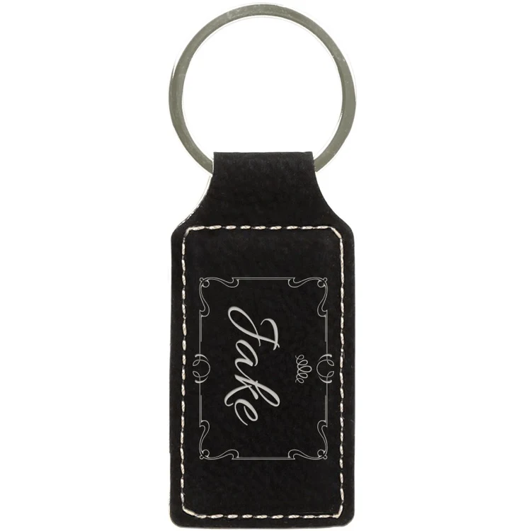 2 3/4" x 1 1/4" Black/Silver Leatherette Rectangle Keychain 1