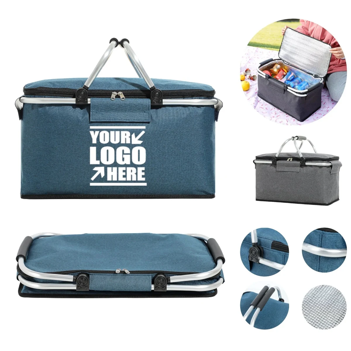 Custom Large Foldable Picnic Basket with Aluminum Handle 1