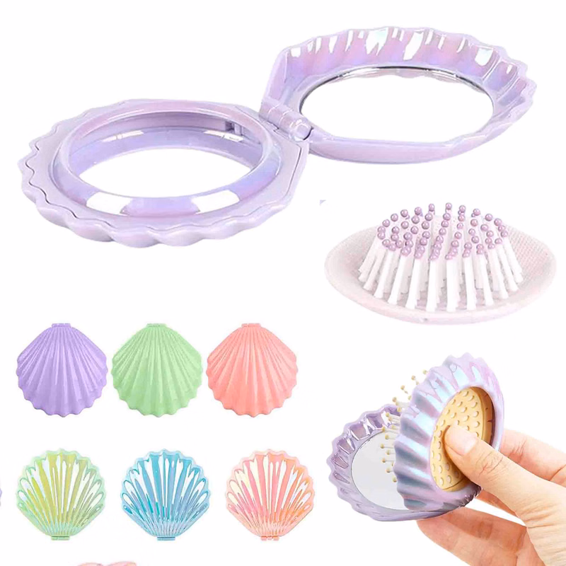 Folding Travel Hairbrush Makeup Comb with Mirror