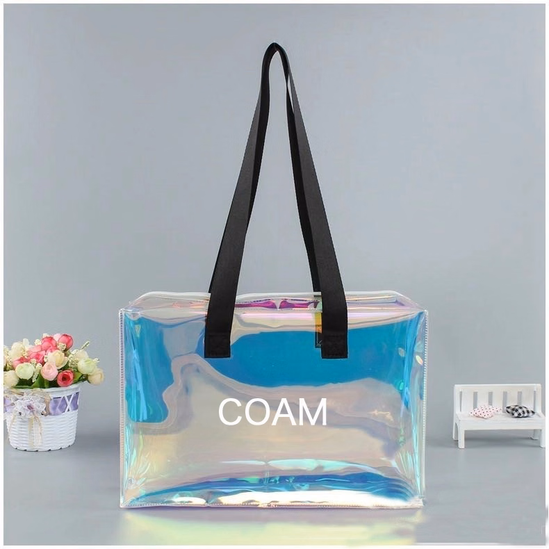 Holographic Rainbow Shopping Bag With Zipper (10X4X8 In)