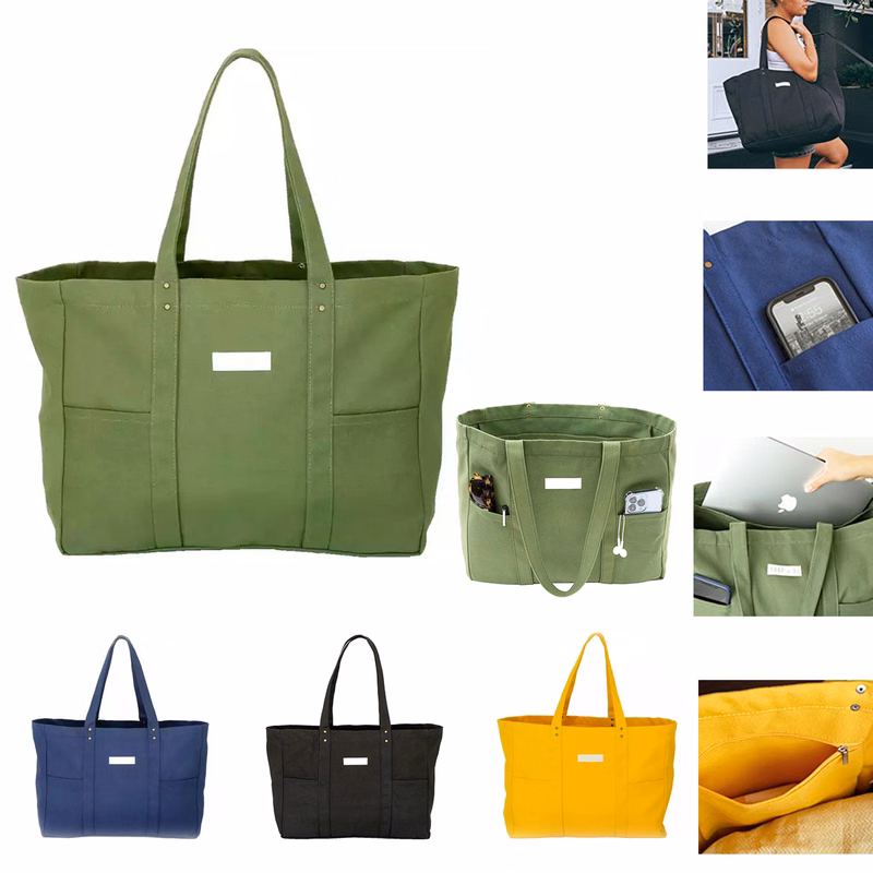 Large Canvas Tote Bag with 2 Front Pockets and Laptop Sleeve