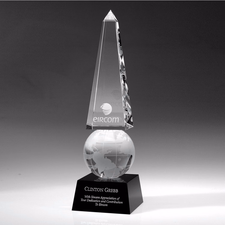 12" Crystal Award-Monumental Globe Obelisk
