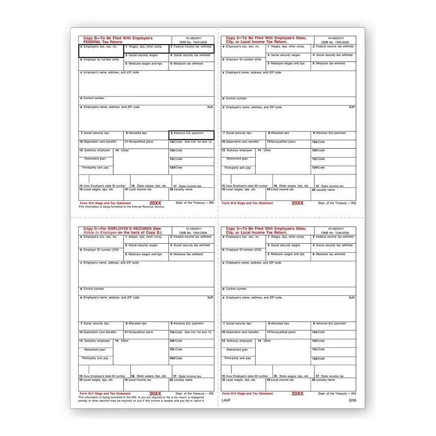 W-2 Tax Forms Set, 4-Up 1