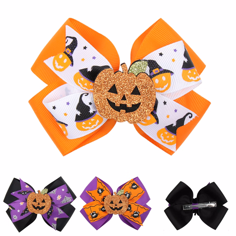 Cute Halloween Spider and Pumpkin Bow Clips for Hair