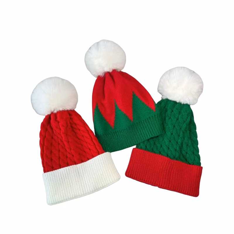 Winter Holiday Knitted Beanie With Faux Fur Ball