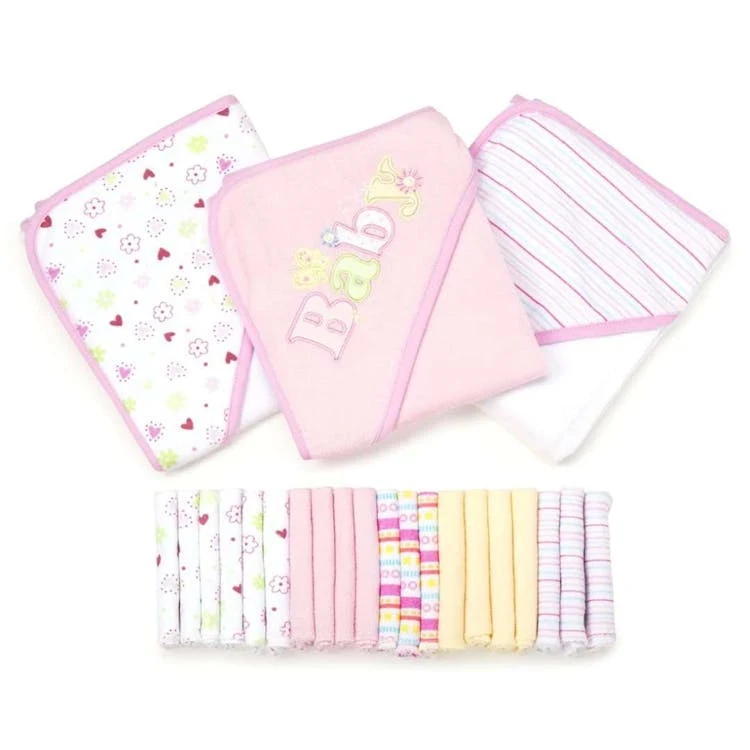 Baby Hooded Towels & Washcloths Sets - Pink Flowers 23-Piece Gift Set 1