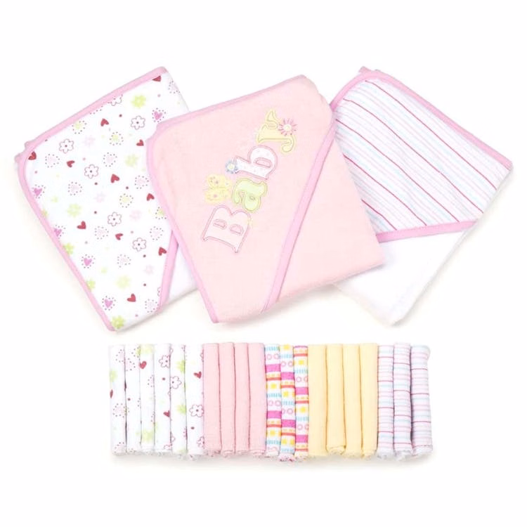 Baby Hooded Towels & Washcloths Sets - Pink Flowers 23-Piece Gift Set