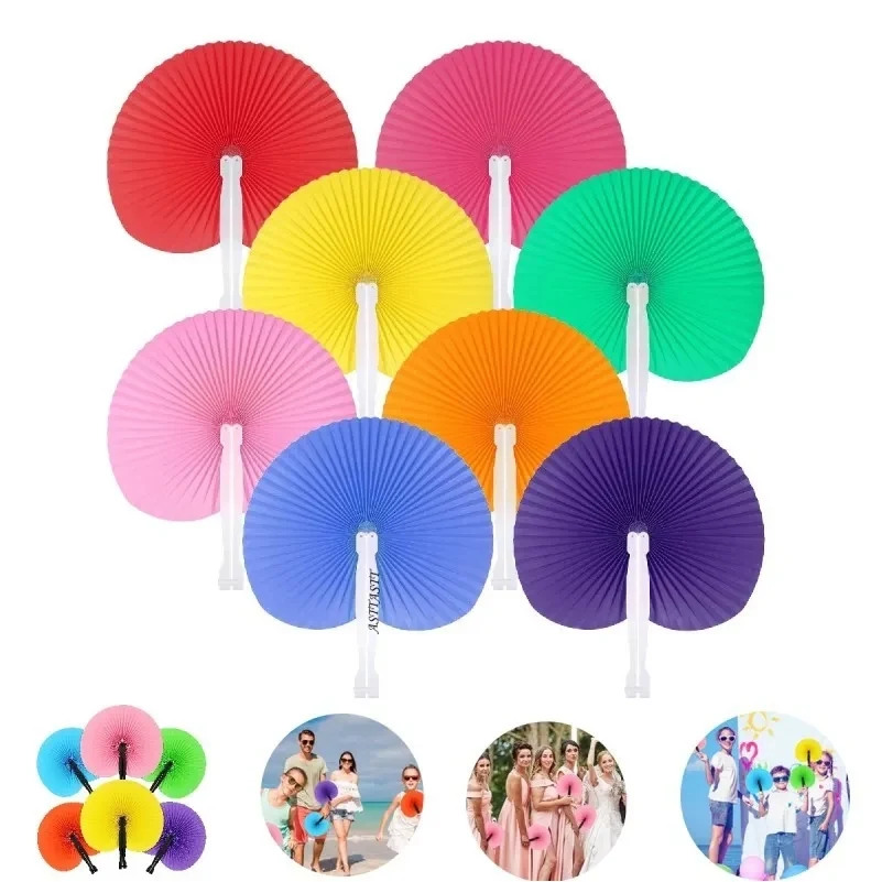 Folding Round Plastic Handle Hand Paper Fan 1